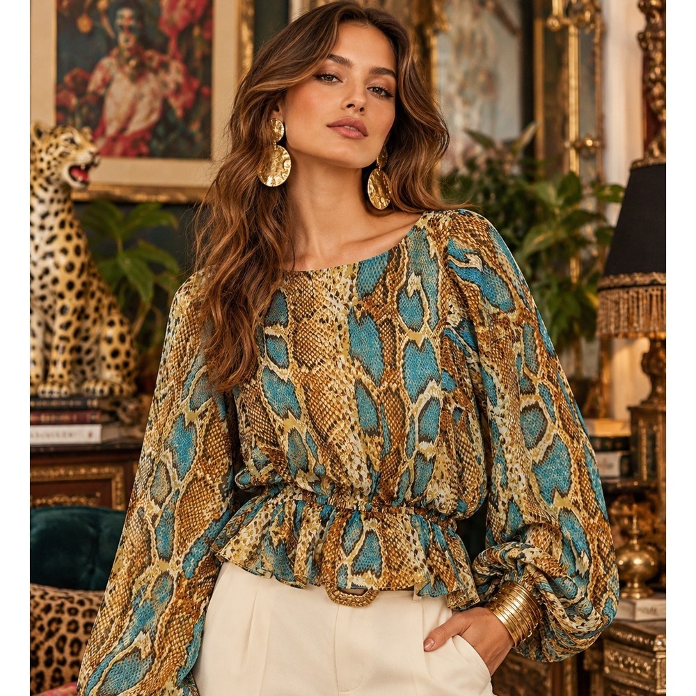 Olivaceous Blue Tan Snake Print Peplum Blouse Long Sleeve Small NWT